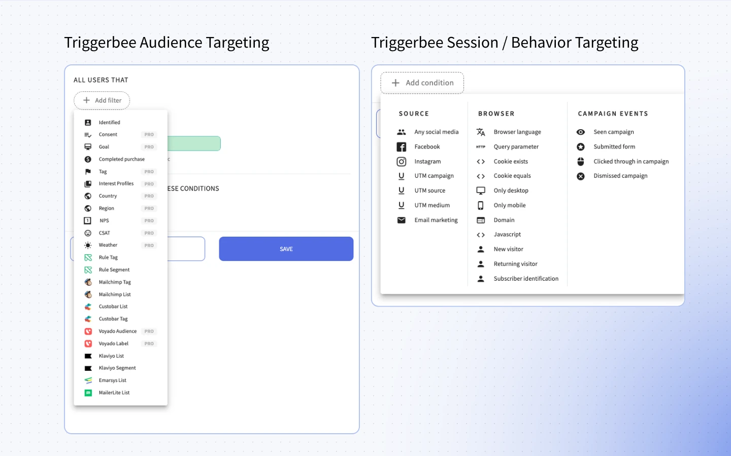 Screenshot showing Triggerbee’s audience builder and session targeting, with filters for CRM data, visitor behavior, and marketing platform segments.