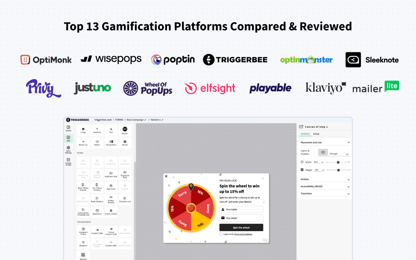 Top 13 gamification platforms compared and reviewed, including Triggerbee, OptiMonk, Sleeknote, Wisepops, Poptin, OptinMonster, Privy, Justuno, Wheel of Popups, Elfsight, Playable, Klaviyo, and MailerLite, with a visual of an online spin to win popup campaign built using Triggerbee’s gamification editor.