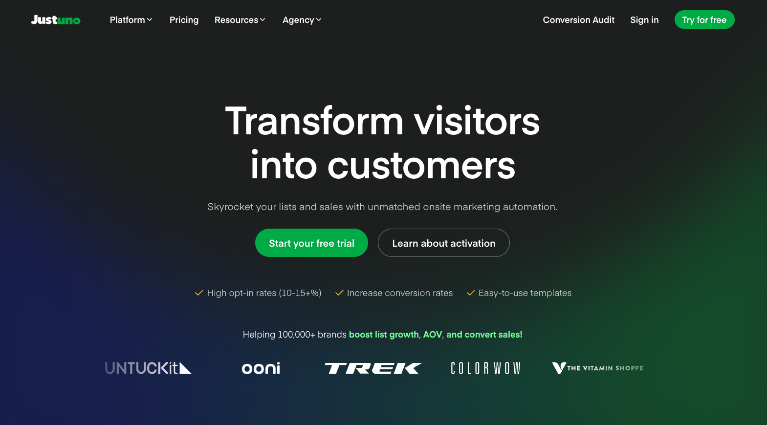 Justuno homepage