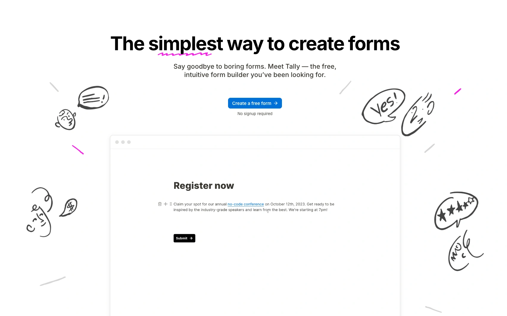 Tally's homepage. Tally is one of the better alternatives to Typeform