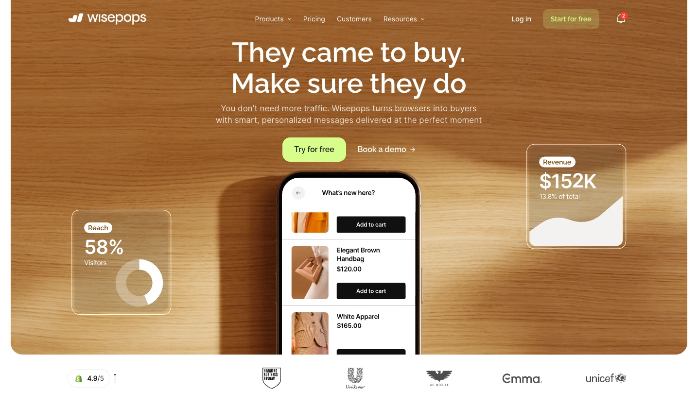 Wisepops homepage