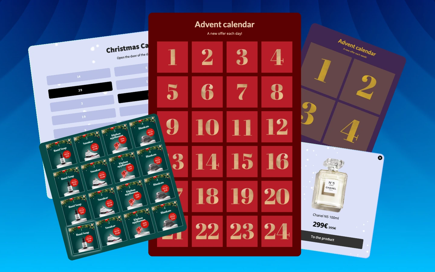 E-commerce calendar templates for daily deals — examples of Black Week calendars, Christmas calendars, and advent-style calendars used in e-commerce campaigns to reveal offers each day.