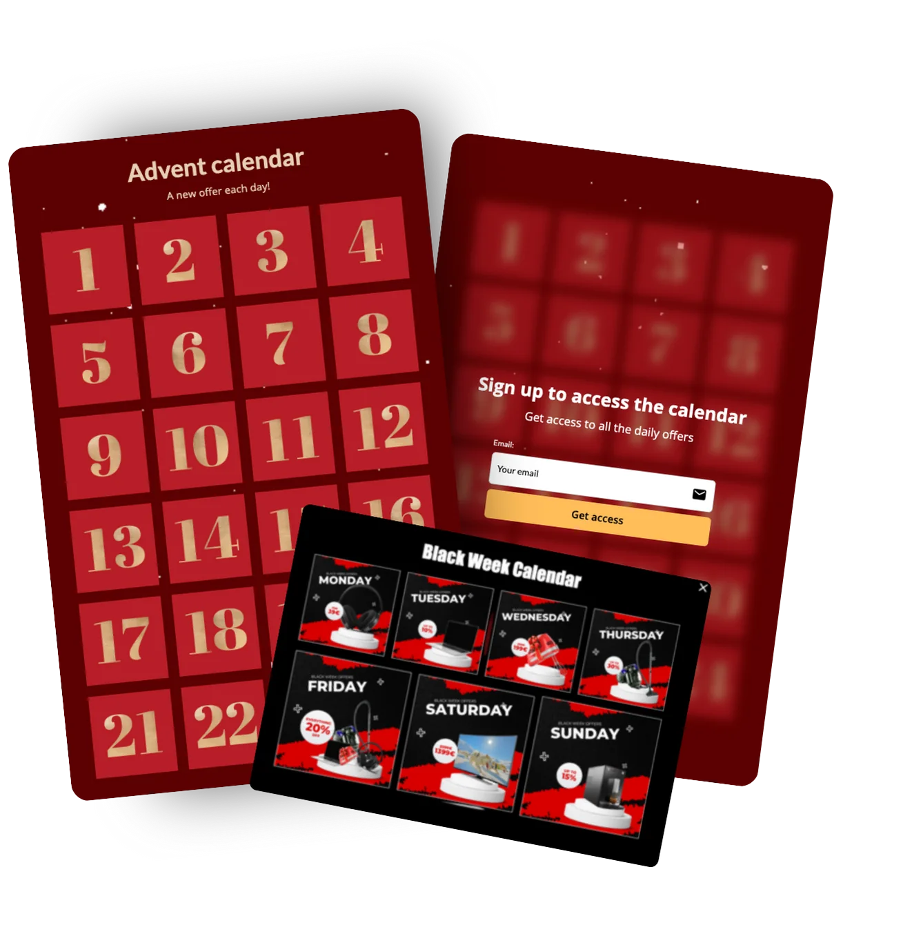 Interactive Advent Calendar and Black Week Calendar examples from Triggerbee, showing a 24 day calendar grid, an email signup gate to unlock daily offers, and a 7 day Black Week layout with daily promotions.