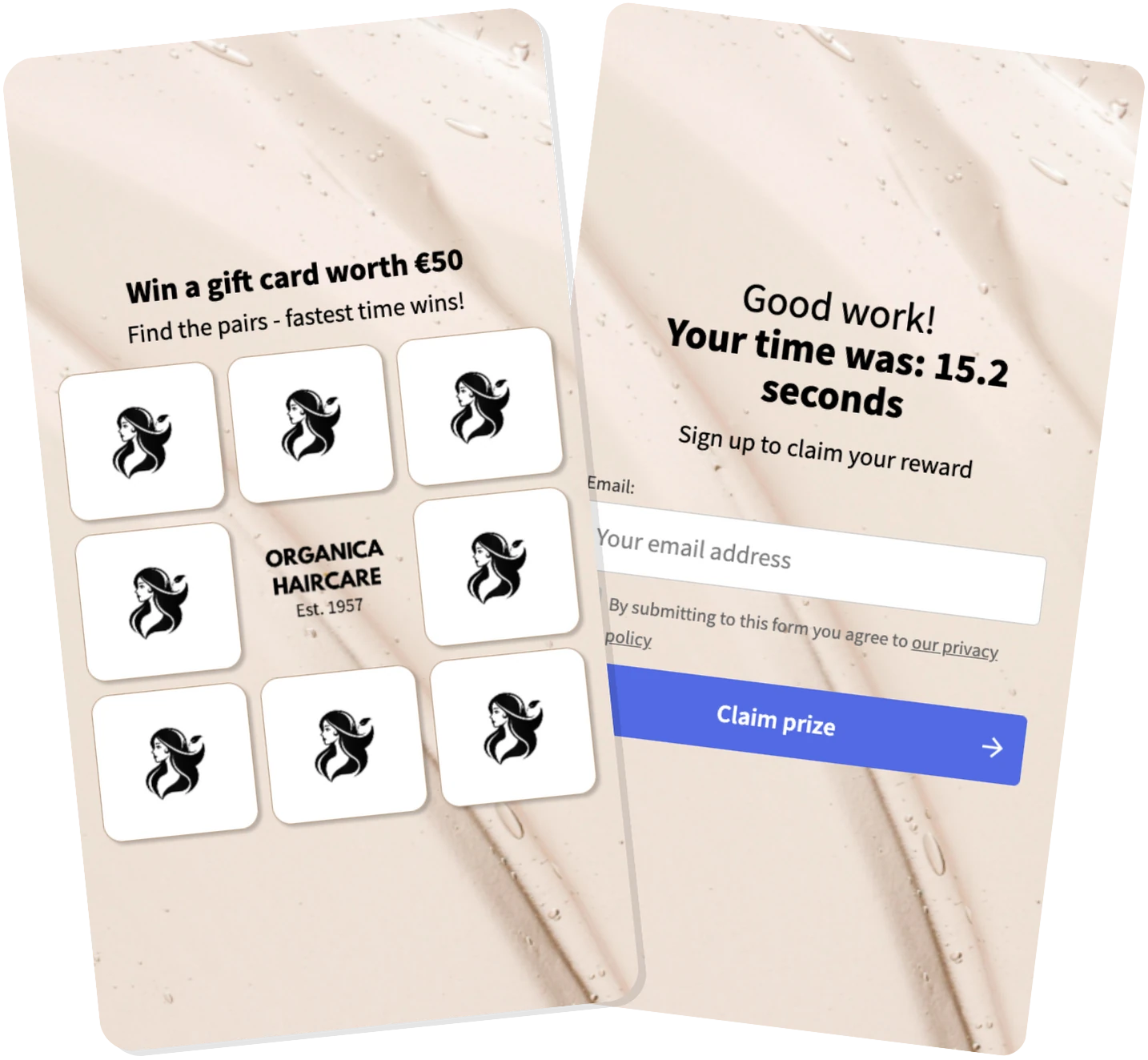 Two step memory game popup for a beauty brand. The first screen shows a 3 by 3 memory grid with matching logo cards and a headline offering a chance to win a fifty euro gift card by finding pairs quickly. The second screen shows the result page with the visitor’s completion time, an email field, consent text, and a blue claim prize button.