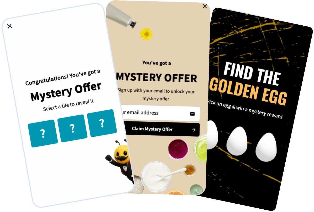 hree examples of Triggerbee mystery discount campaigns, including a tile reveal offer, an email gated mystery offer, and a “Find the Golden Egg” game with hidden rewards.