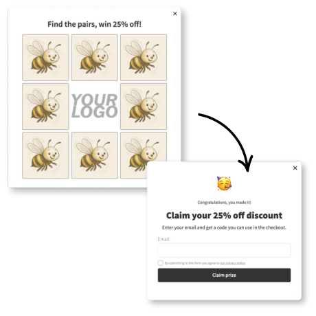 A memory game popup with illustrated bee cards and a center logo placeholder. A separate success popup sits beside it with an emoji, a discount message, an email field, a consent checkbox, and a claim button.