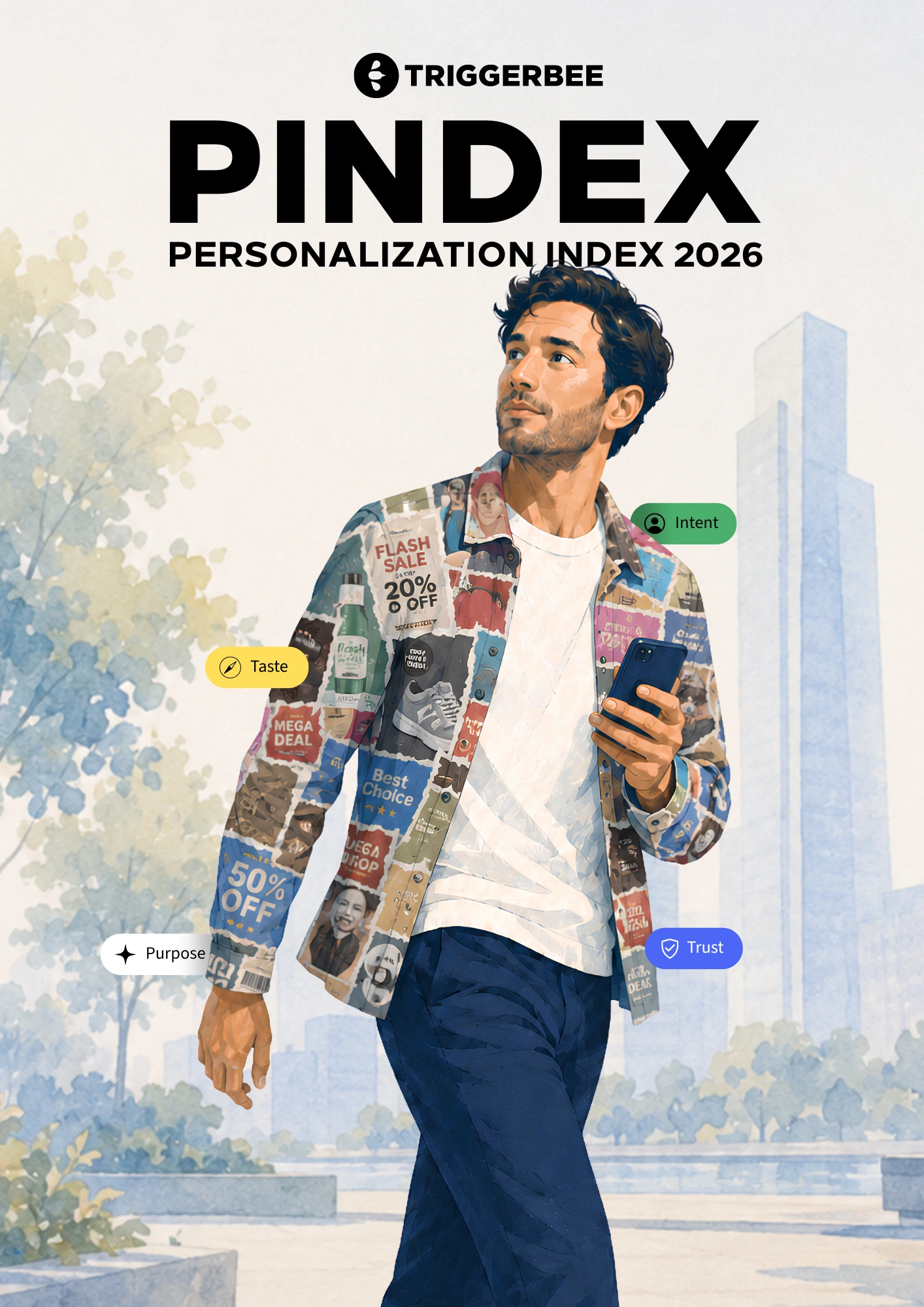 PINDEX - Personalization Index 2026. Man walking on a street, holding a phone. wearing a jacket made out of discounts, promotions, and marketing messages from retailers and brands.